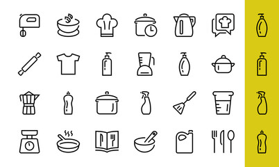 Set of icons for cooking and kitchen, vector lines, contains icons such as a knife, saucepan, boiling time, mixer, scales, recipe book. Editable stroke, perfect 480x480 pixels, white background