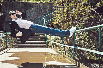 A young hipster defies gravity