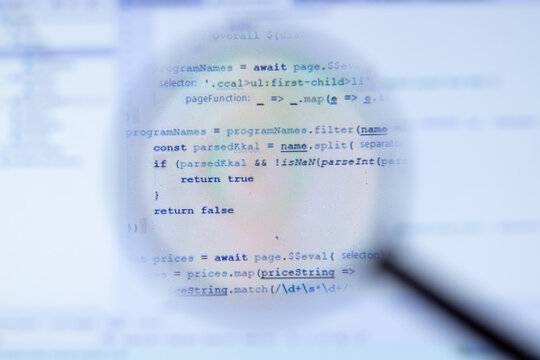 Professional IT developer freelance work process concept. Focus on program code. Software developing