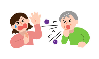 咳するシニア男性と嫌がる私服女性