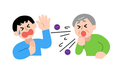 咳するシニア男性と嫌がる私服男性