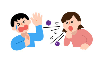 咳するシニア女性と嫌がる私服男性