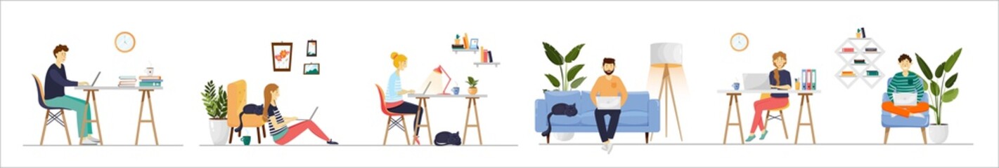 Work, freelance or study at home. Freelancers and students working on laptops, sitting at desk and in cozy armchair. Self-employed young women and men working in apartments. Vector set. Coworking