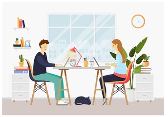 Young adults, couple, partners, man and woman working or studying on the computer. Flat design vector illustration. Home office concept
