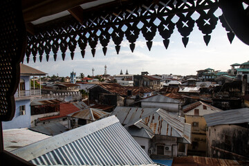 Stone town Zanzibar view from rooftop. Architecture of the roof