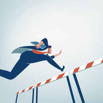Concept of overcoming obstacles. Businessman jumps over obstacle with project in hand. Business vector illustration
