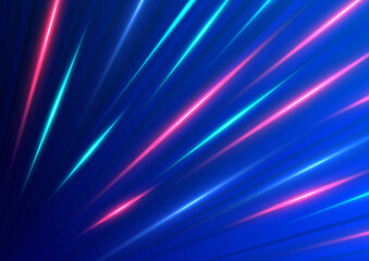 Abstract speed blue and red light diagonal movement pattern motion blur on dark blue background.