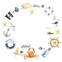 watercolor nautical seamless pattern with marine elements blue background