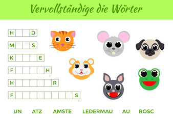 Obraz na płótnie Canvas Vervollständige die Wörter - Complete the words, write missing letters. Matching educational game for children with cute animals. Educational activity page for study German. Vector illustration.