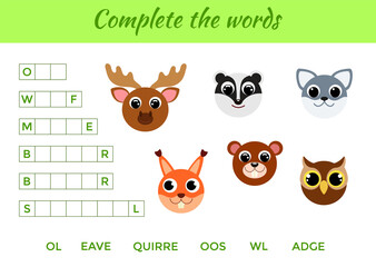 Matching educational game for children with cute animals. Write missing letters and complete words. Educational activity page for study English. Isolated vector illustration.