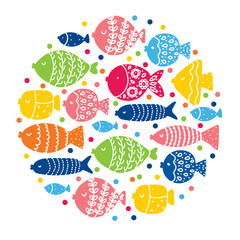 Cute fish card. Around motif with fish.