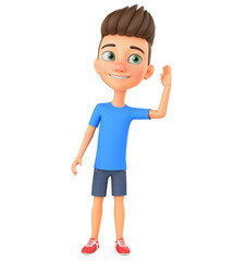 Cheerful boy overhears on a white background. 3d render illustration.