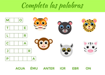 Completa las palabras - Complete the words, write missing letters. Matching educational game for children with cute animals. Educational activity page for study Spanish. Isolated vector illustration.