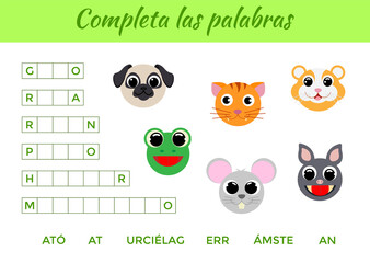 Completa las palabras - Complete the words, write missing letters. Matching educational game for children with cute animals. Educational activity page for study Spanish. Isolated vector illustration.