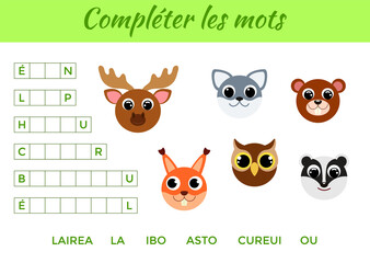 Compléter les mots - Complete the words, write missing letters. Matching educational game for children with cute animals. Educational activity page for study French. Isolated vector illustration.