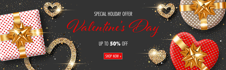 Obraz premium Valentines Day background with heart-shaped gift boxes and stylized hearts made of golden confetti. Greeting card, party invitation or sale banner template