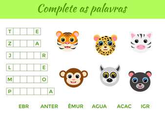 Complete the words, write missing letters. Matching educational game for children with cute animals. Educational activity page for study Portuguese. Isolated vector illustration.