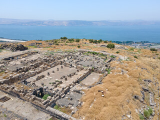 Aerial view  to the ruins of the Greek - Roman city Hippus - Susita located on the hill on the Golan Heights in northern Israel on the Sea of Galilee