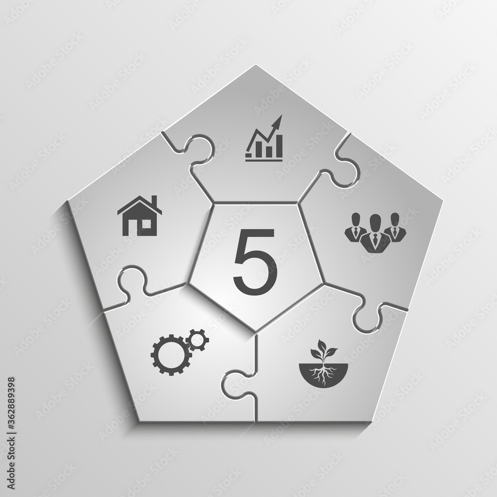 Fototapete Five sided 3d puzzle presentation infographic template with explanatory text field for business statistics