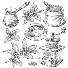Retro style coffee set. Hand drawn vintage vector elements in engraving style.    