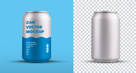 Mockup of a small tin can with an energy drink with a blue pattern, for design presentation, vector silver shiny shiny water bottle. - obrazy, fototapety, plakaty