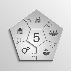 Five sided 3d puzzle presentation infographic template with explanatory text field for business statistics