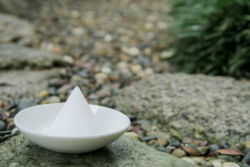 Morijio (盛り塩) or Morishio (a pile of salt) on a small plate on the wet stone. It's a Japanese tradition to put pile(s) of salt outside or entrance to ward off evil spirits.