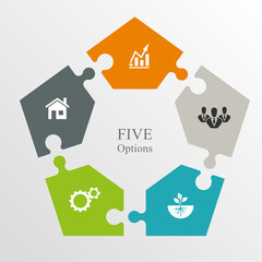 Five sided puzzle presentation infographic template with explanatory text field for business statistics