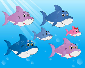 Family shark set of colorful cartoon fish
