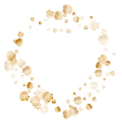 Gold seashells vector, golden pearl bivalved mollusks.