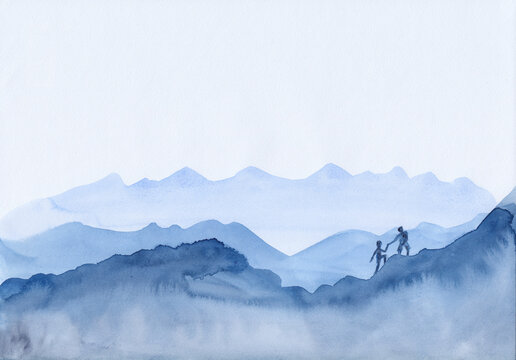 Watercolor landscape with blue vibrant mountains. Peaceful tranquil nature background with layers of rocks for relax, meditation, restore. Two people helping one another in climbing mountains.