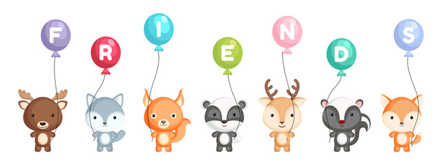 Group of cute animals. Cartoon animals stand and hold balloons in their hands. World animals day. Happy friendship day. Set of characters isolated on white background. Vector stock illustration.
