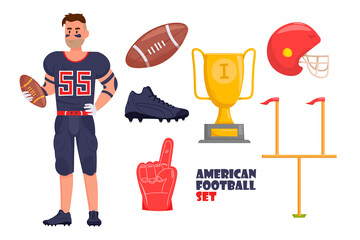 American Football equipment set with american football player in sport uniform holding a ball. Vector cartoon illustration. © FineVector