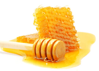 Honeycomb with honey on white background