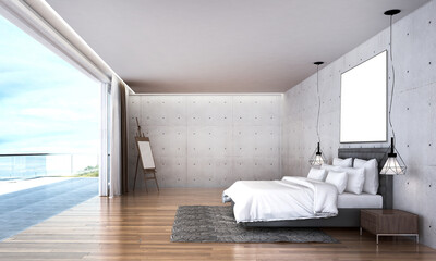 Modern cozy beautiful interior design of bedroom and concrete wall texture background and sea view