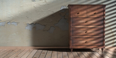 Drawer chest wooden classic style, house room interior background. 3d illustration