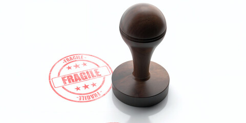 FRAGILE, CAUTION stamp. Wooden rubber stamper, stamp with text fragile isolated on white background. 3d illustration