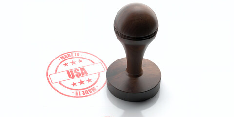 MADE IN USA, AUTHENTICITY stamp. Wooden rubber stamper, stamp with text made in usa isolated on white background. 3d illustration - obrazy, fototapety, plakaty
