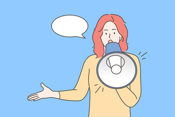 Protest, activism, announcement, speech, promotion concept. Young woman or girl protester activist cartoon character standing yelling with loudspeaker mouthpiece. Promo marketing or ads illustration.