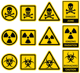 Obraz premium Danger icons set. Crossbones (death skull), nuclear ionization, biohazard.