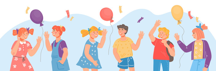 Banner for school or kindergarten grade year  beginning with children waving hands in greeting gesture. Children  saying Hi at backdrop of balloons and festive confetti. Cartoon vector illustration.