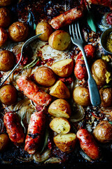 Sausage and potato traybake.style rustic
