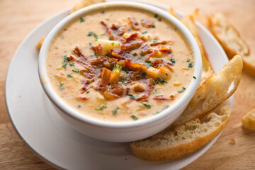 Soups. Homemade savory beef or chicken stock soups. Traditional classic american restaurant menu favorite. Bacon cheddar soups and chicken vegetable. 