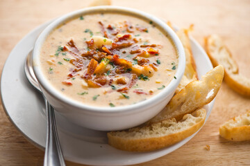 Soups. Homemade savory beef or chicken stock soups. Traditional classic american restaurant menu favorite. Bacon cheddar soups and chicken vegetable. 
