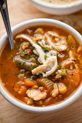 Soups. Homemade savory beef or chicken stock soups. Traditional classic american restaurant menu favorite. Bacon cheddar soups and chicken vegetable. 
