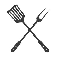 Grill tools icon. Crossed barbecue fork with spatula.  Isolated on white background.