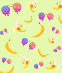 Whole and peeled bananas with dripping sunglasses pattern. Hot summer idea