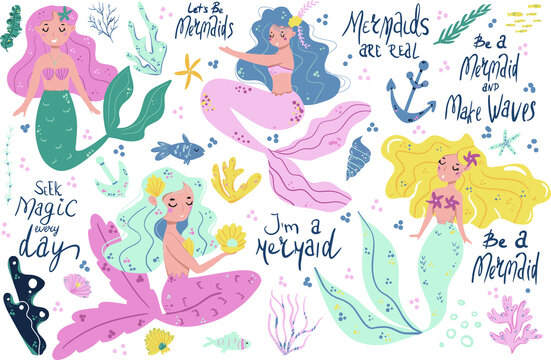 Vector set of cute mermaids and sea plants. Funny cartoon characters and corals are isolated on white. Summer clipart with mermaid girls