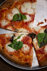 Pizza. Traditional New York City style margarita pizza pie with a thin homemade crispy crust, fresh tomato garlic marinara sauce topped with buffalo mozzarella cheese and fresh basil leaves.