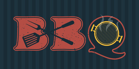 Barbecue party flyer or poster. Hot BBQ steak grill house. Event retro typography.

